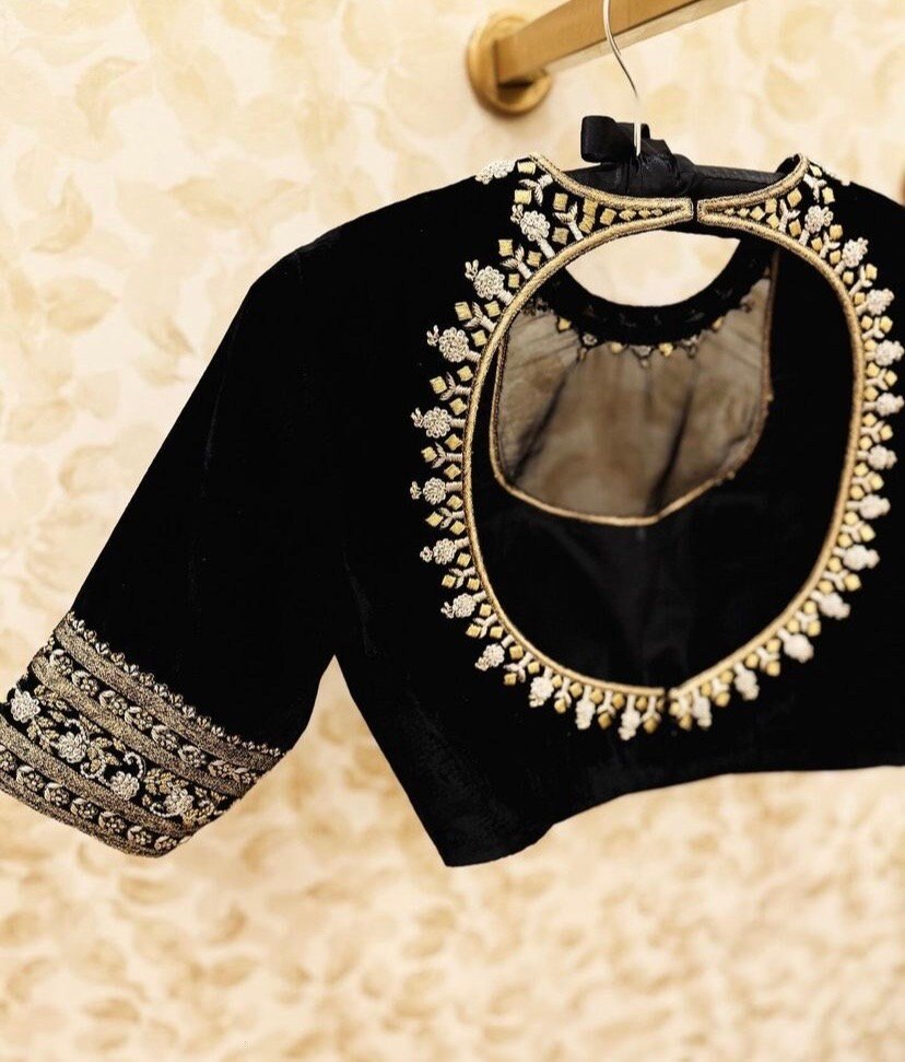 pure silk hand embroidery blouse/saree maggam blouse/black zardosi blouse/hand embroidered modern blouse/black ready made blouse zardosi