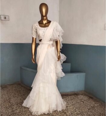 Cream Ruffle saree/white ruffle saree with stitched blouse/readymade saree belt with blouse/silk ruffle saree/saree with belt/lehenga sari