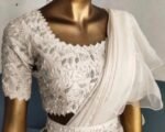Cream Ruffle saree/white ruffle saree with stitched blouse/readymade saree belt with blouse/silk ruffle saree/saree with belt/lehenga sari
