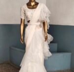 Cream Ruffle saree/white ruffle saree with stitched blouse/readymade saree belt with blouse/silk ruffle saree/saree with belt/lehenga sari