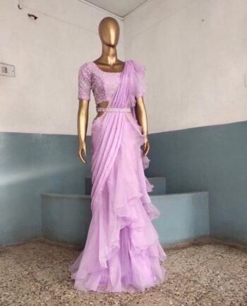 Ruffle Saree with Stitched Blouse & Embroidered Belt: Raw Silk Lehenga Sari