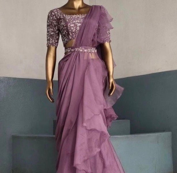 Pink Ruffle saree/blue ruffle saree with stitched blouse/readymade saree belt with blouse/silk ruffle saree/saree with belt/lehenga sari blu