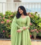 Hand Embroidered Chanderi Silk Anarkali Suit: Mehendi Green Indian Dress