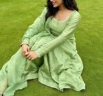 Hand Embroidered Chanderi Silk Anarkali Suit: Mehendi Green Indian Dress