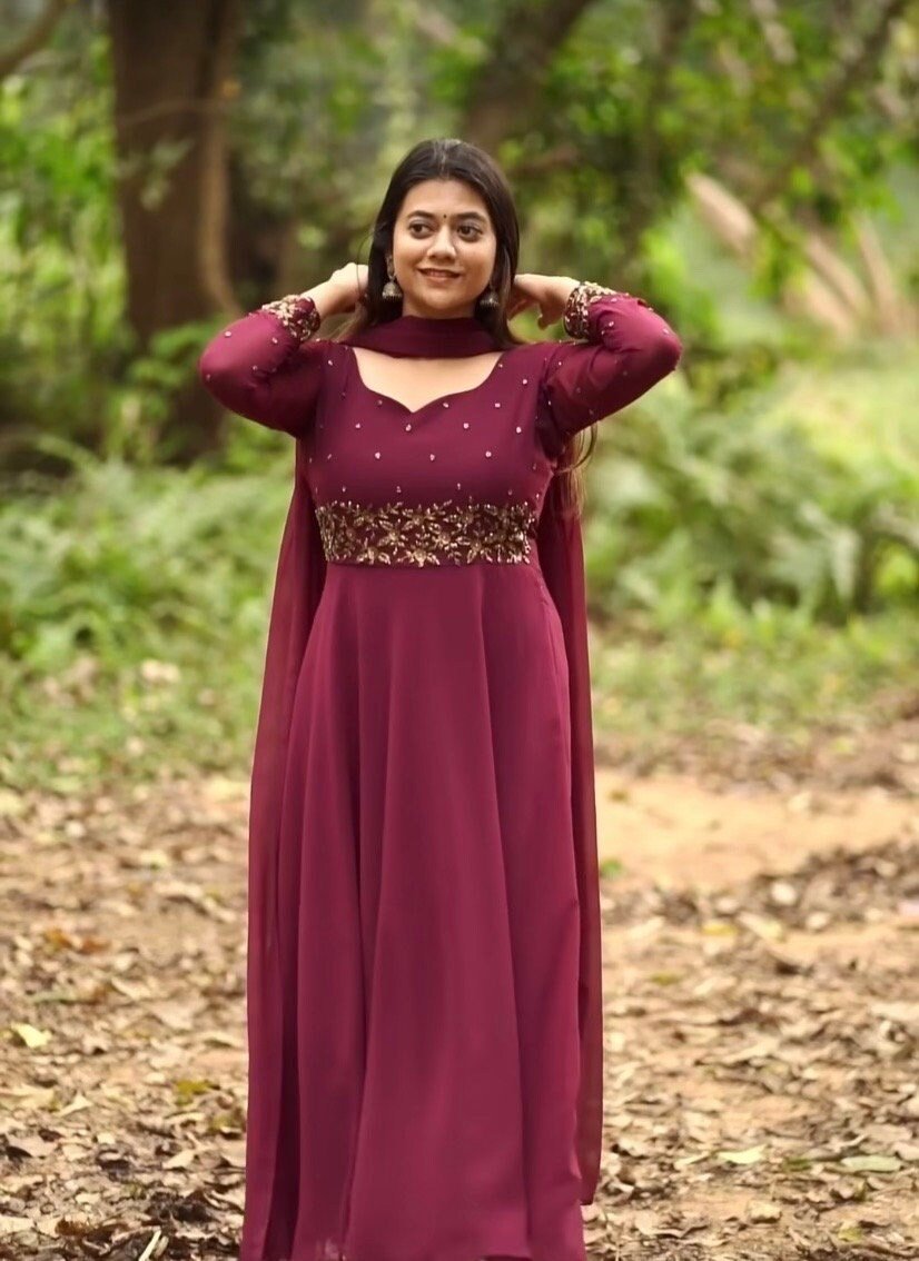 Hand embroidered Anarkali with pants/anarkali suit set/redanarkali wit dupatta USA/maroon red kurta with dupatta/burgundy red anarkali dress
