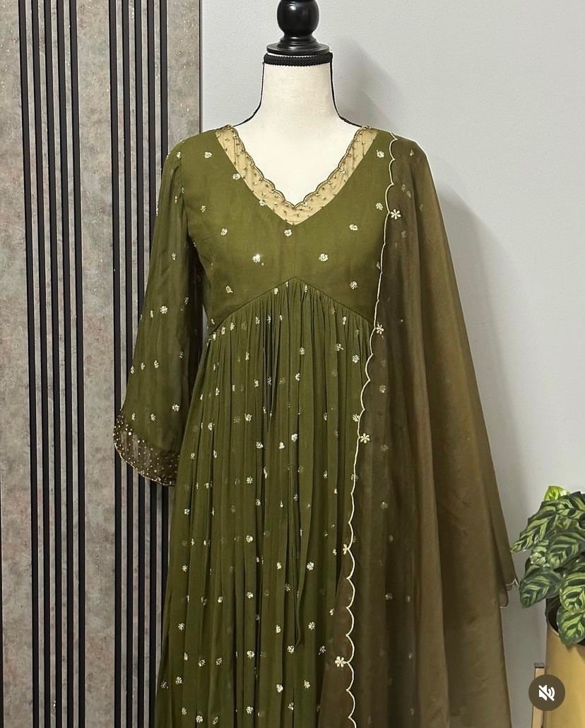 Hand embroidered Anarkali with pants/anarkali suit set/anarkali wit dupatta USA/olive green kurta with dupatta/olive green anarkali dress
