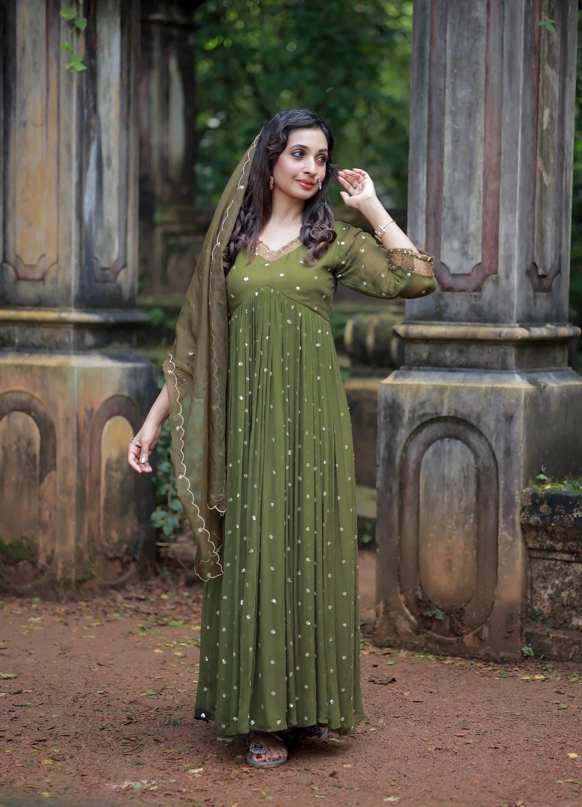Hand embroidered Anarkali with pants/anarkali suit set/anarkali wit dupatta USA/olive green kurta with dupatta/olive green anarkali dress