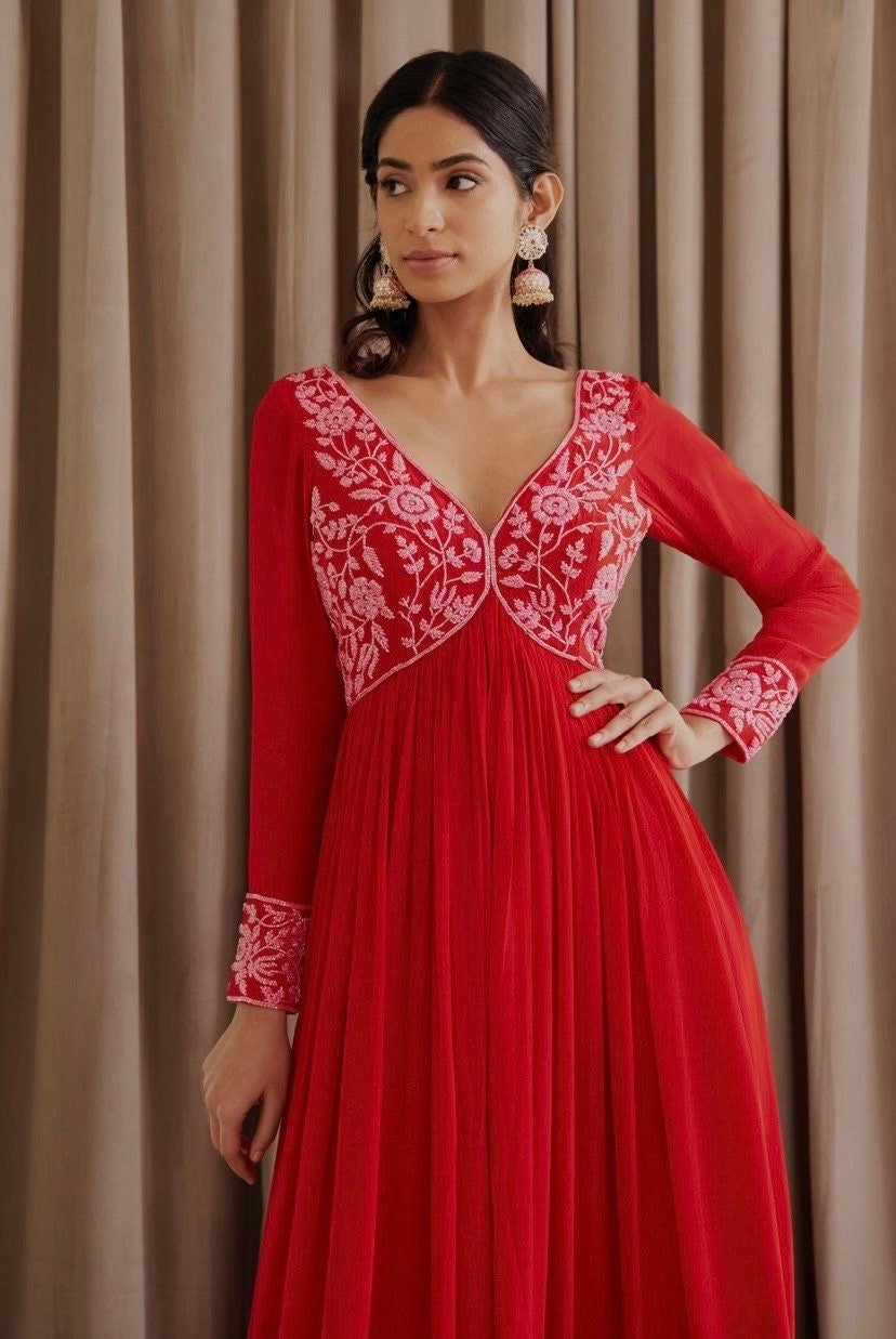 Hand embroidered Anarkali with pants/anarkali suit set /anarkali dupatta USA/Indian dresses/red kurta with dupatta/anarkali kurta with dupat