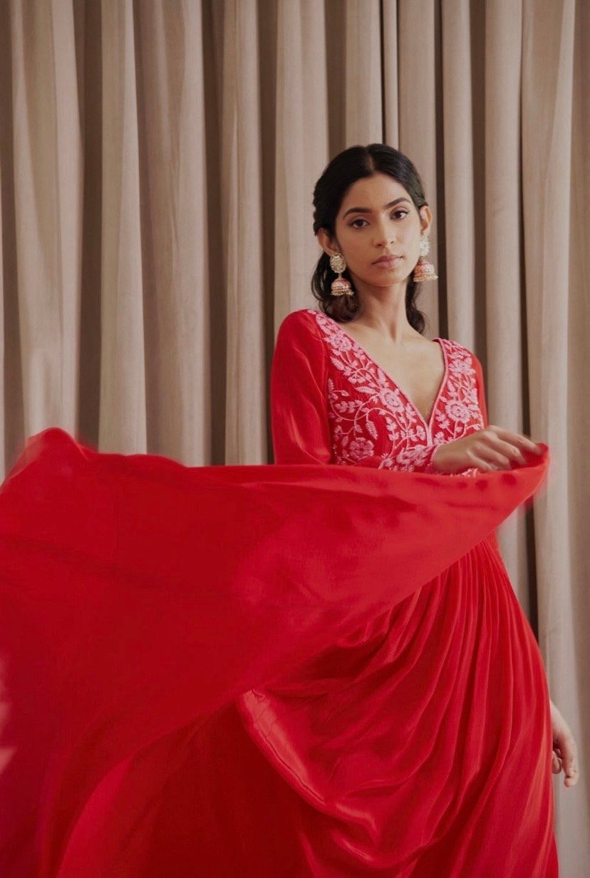 Hand embroidered Anarkali with pants/anarkali suit set /anarkali dupatta USA/Indian dresses/red kurta with dupatta/anarkali kurta with dupat