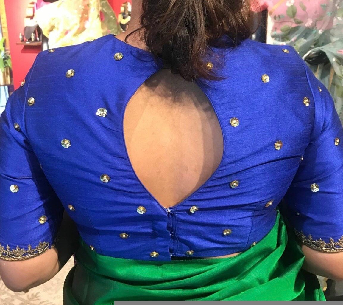 Navy blue silk hand embroidery blouse/saree maggam blue blouse/blue saree blouse/hand embroidered blouse/royalblue ready made blouse zardosi