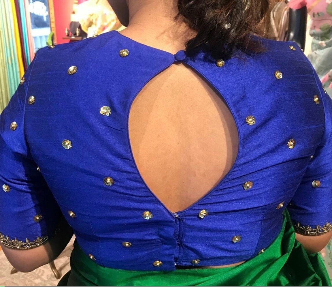 Navy blue silk hand embroidery blouse/saree maggam blue blouse/blue saree blouse/hand embroidered blouse/royalblue ready made blouse zardosi