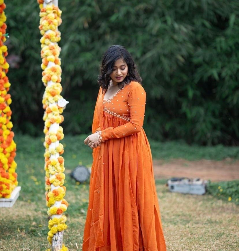 Hand embroidered Anarkali/anarkali suit set/anarkali with dupatta USA/orange kurta with dupatta/orange anarkali dress/orange kurta set usa