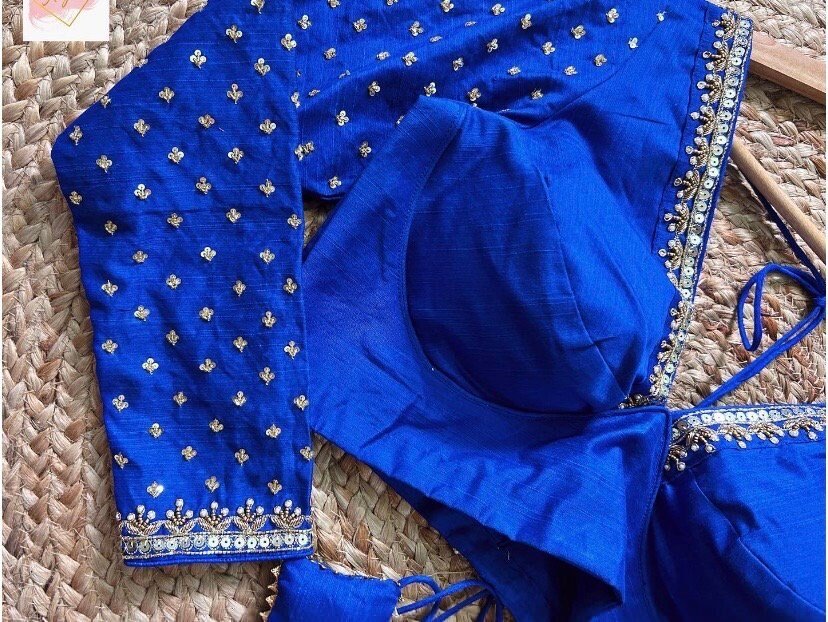Royal blue hand embroidery blouse/saree maggam blouse/pure silk zardosi blouse/blue hand embroidered blouse/heavy maggam full sleeve blouse