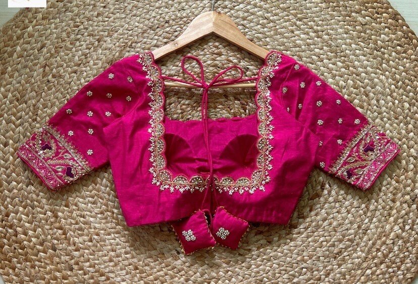 pure silk hand embroidery blouse/saree maggam blouse/hot pink zardosi blouse/hand embroidered blouse /magenta pink ready made blouse zardosi