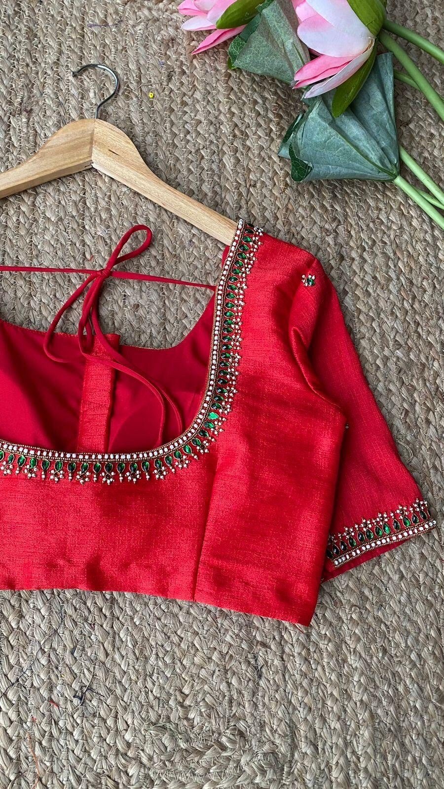pure silk hand embroidery blouse/saree maggam blouse/red zardosi blouse/red hand embroidered moderblouse/red ready made blouse zardosi usa