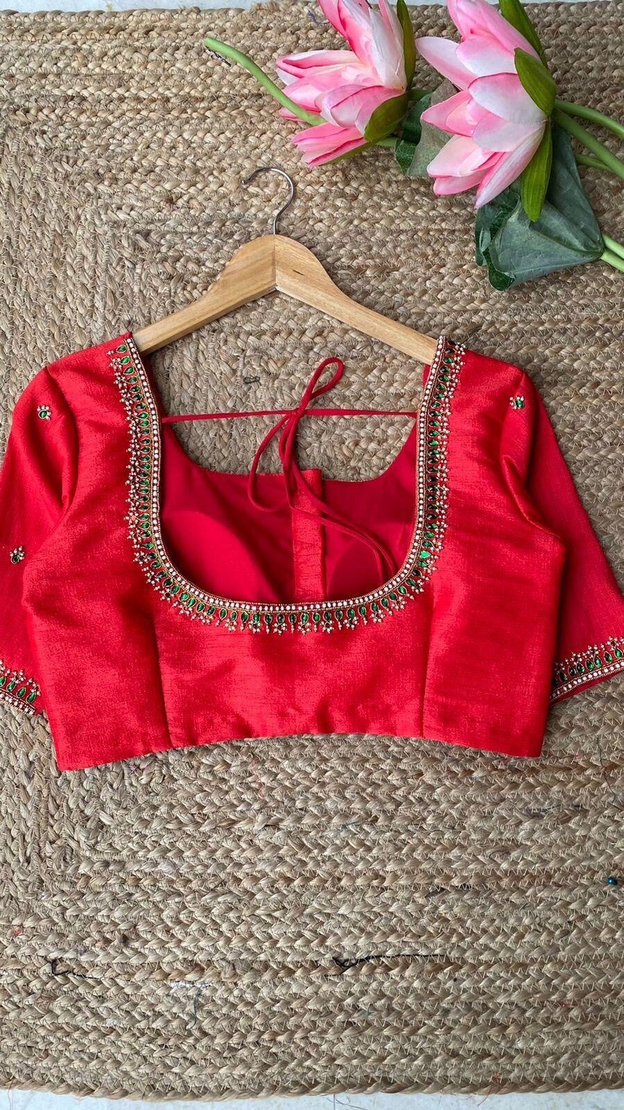 pure silk hand embroidery blouse/saree maggam blouse/red zardosi blouse/red hand embroidered moderblouse/red ready made blouse zardosi usa