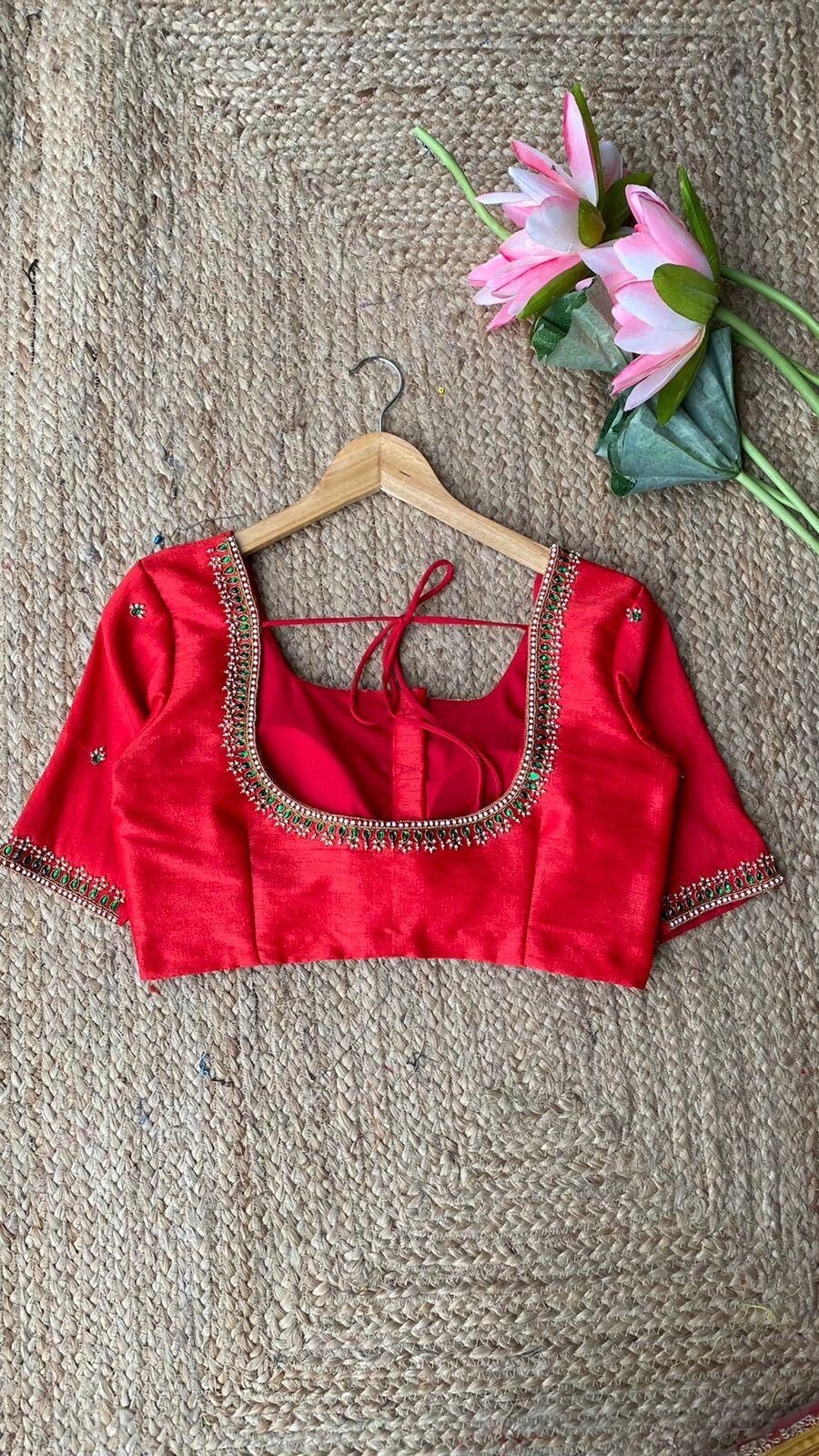 pure silk hand embroidery blouse/saree maggam blouse/red zardosi blouse/red hand embroidered moderblouse/red ready made blouse zardosi usa