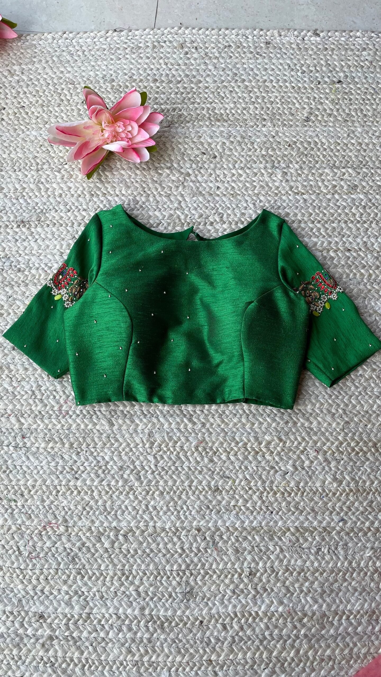 pure silk hand embroidery blouse/saree maggam blouse/green zardosi blouse/green embroidered moderblouse/green ready made high neck blouse