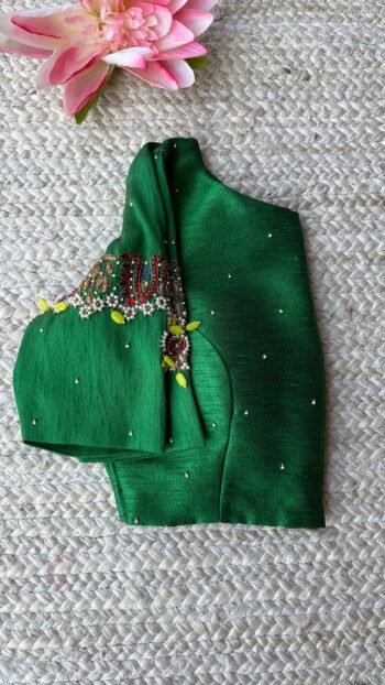 pure silk hand embroidery blouse/saree maggam blouse/green zardosi blouse/green embroidered moderblouse/green ready made high neck blouse