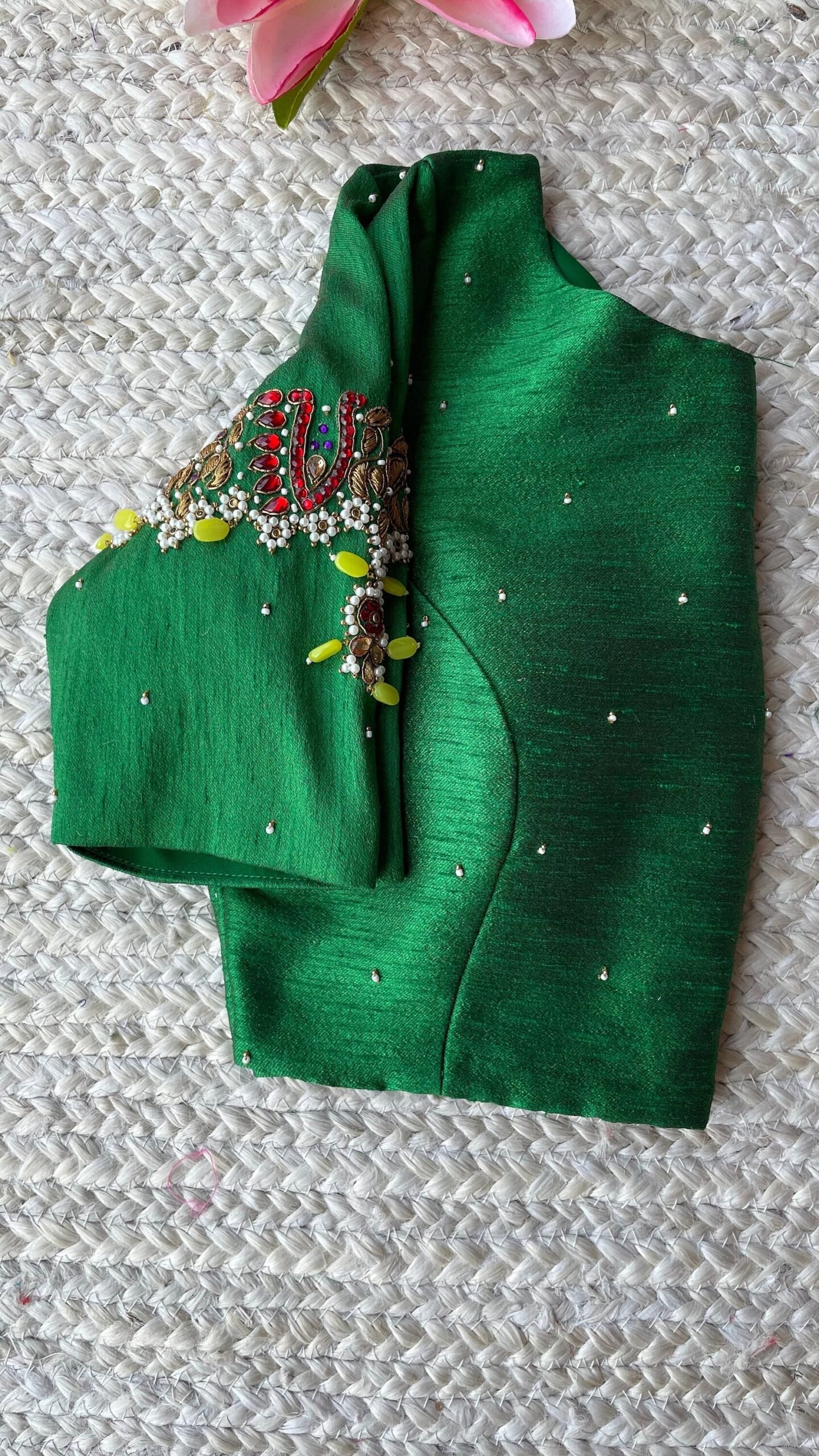 pure silk hand embroidery blouse/saree maggam blouse/green zardosi blouse/green embroidered moderblouse/green ready made high neck blouse