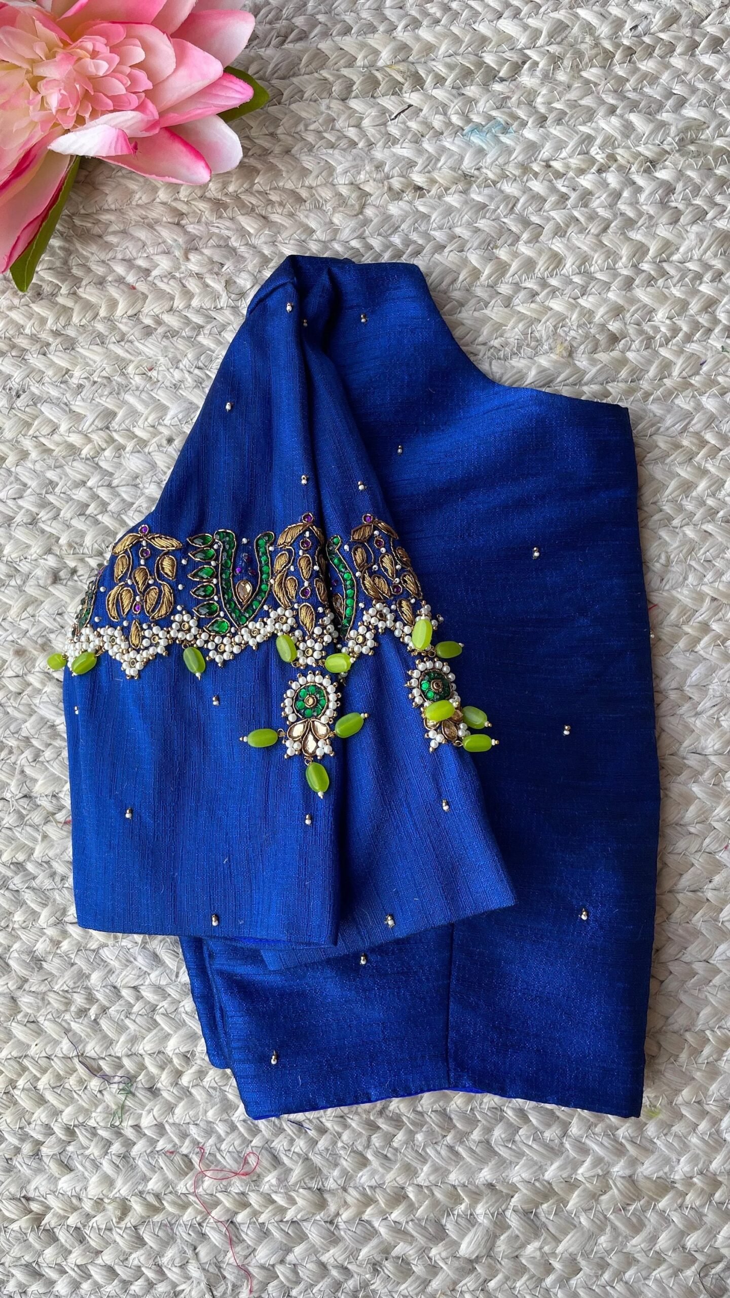 pure silk hand embroidery blouse/saree maggam blouse/blue zardosi blouse/royal blue embroidered moderblouse/blue ready made high neck blouse
