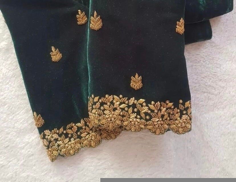 pure velvet hand embroidery blouse/modern saree maggam blouse/green zardosi blouse/ hand embroidered blouse/green velvet ready made blouse