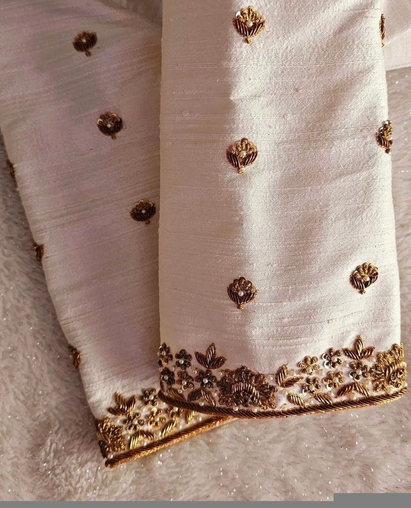 pure silk hand embroidery blouse/modern maggam blouse/multi colored cream zardosi blouse/hand embroidered blouse/off white ready made blouse