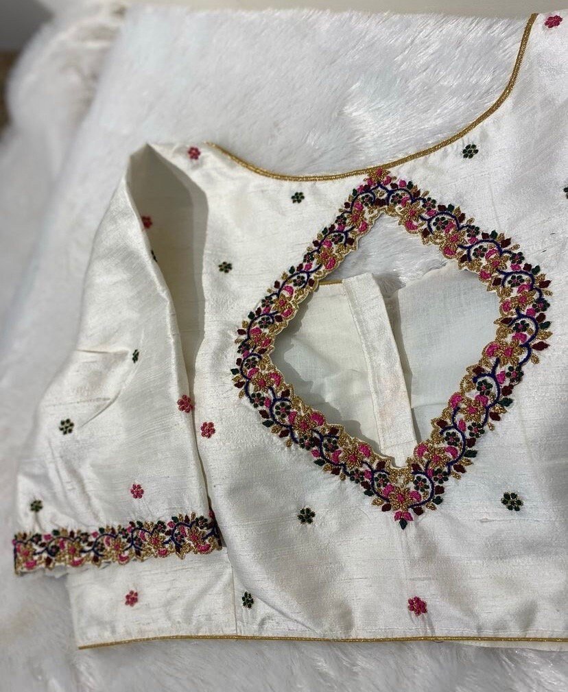 pure silk hand embroidery blouse/modern maggam blouse/multi colored cream zardosi blouse/hand embroidered blouse/off white ready made blouse
