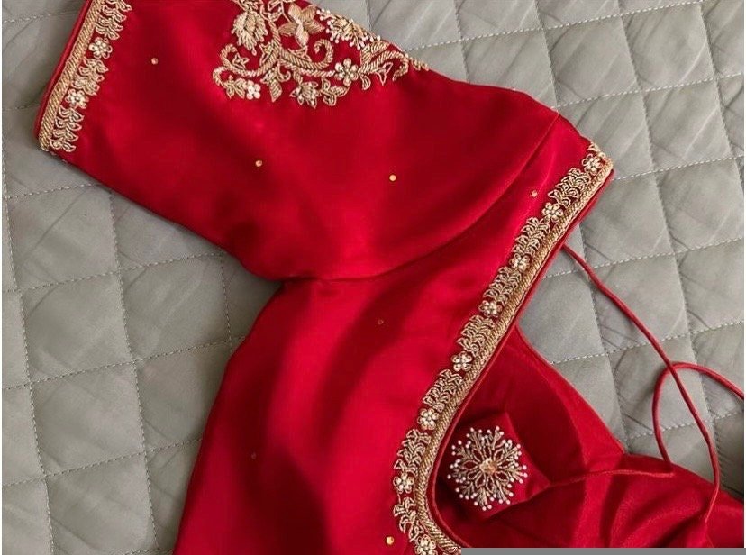 pure silk hand embroidery blouse/reddish pink maggam blouse /raw silk zardosi blouse/hand embroidered blouse /red ready made blouse zardosi