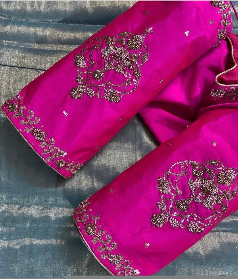 pure silk hand embroidery blouse/saree maggam blouse/hot pink zardosi blouse/hand embroidered blouse /magenta pink ready made blouse zardosi