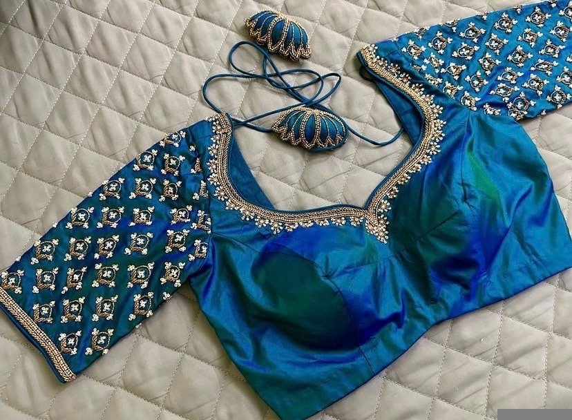 pure silk hand embroidery blouse/saree maggam blouse/blue zardosi blouse/turquoise blue embroidered blouse/blue ready made blouse zardosi