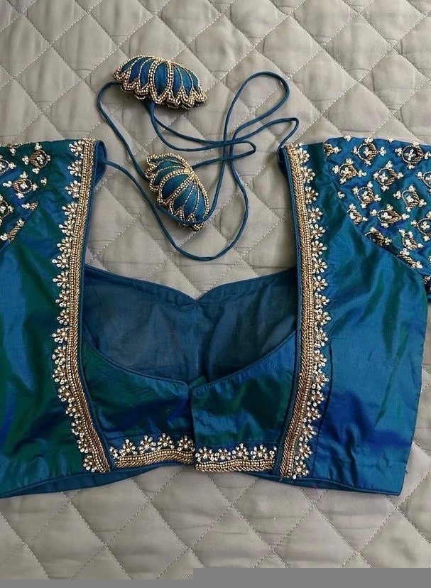 pure silk hand embroidery blouse/saree maggam blouse/blue zardosi blouse/turquoise blue embroidered blouse/blue ready made blouse zardosi