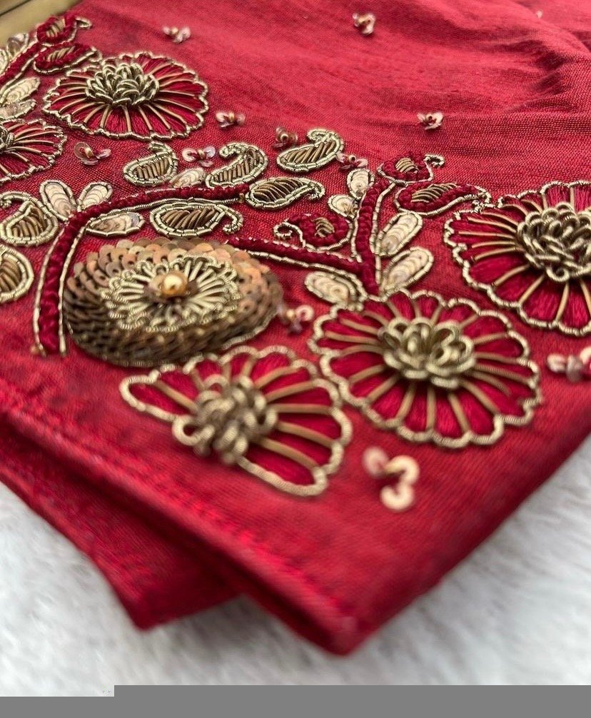 pure silk hand embroidery blouse/saree maggam blouse/red zardosi blouse/red hand embroidered moderblouse/red ready made blouse zardosi usa