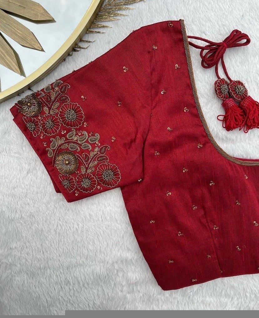 pure silk hand embroidery blouse/saree maggam blouse/red zardosi blouse/red hand embroidered moderblouse/red ready made blouse zardosi usa