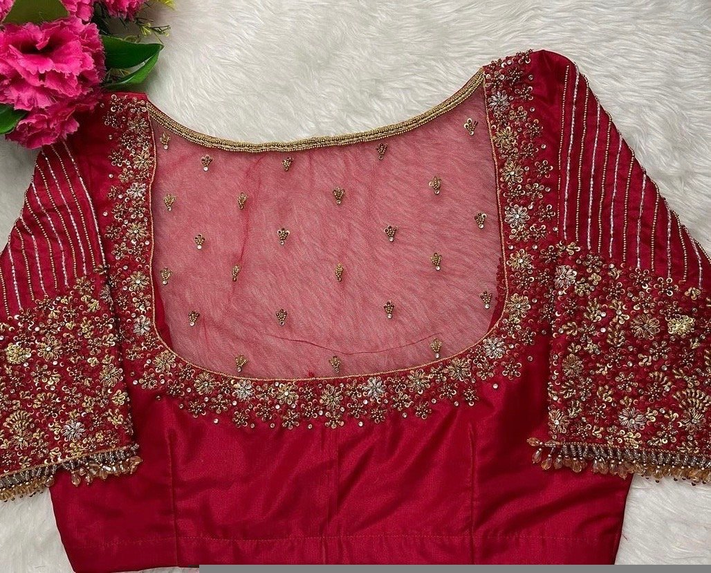 pure silk hand embroidery blouse/modern saree maggam blouse/red zardosi blouse/wedding hand embroidered blouse/red bridal ready made blouse