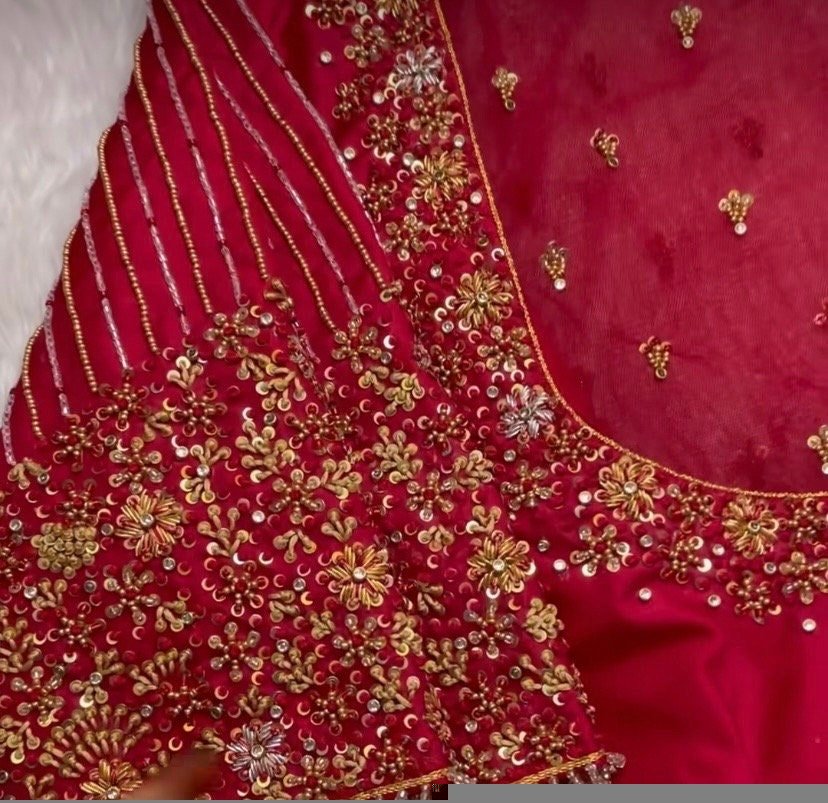 pure silk hand embroidery blouse/modern saree maggam blouse/red zardosi blouse/wedding hand embroidered blouse/red bridal ready made blouse