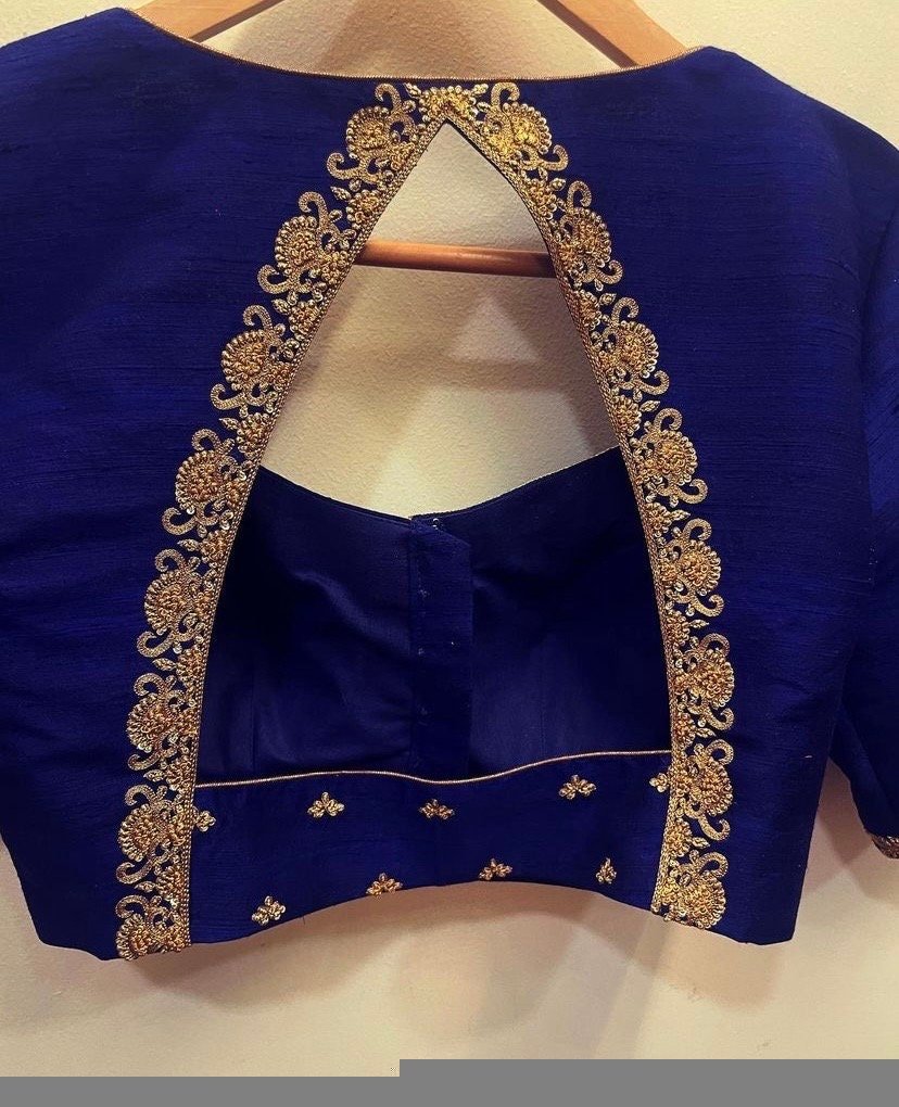 Navy blue silk hand embroidery blouse/blue saree maggam work blouse/blue saree blouse/hand embroidered blouse/blue ready made blouse zardosi