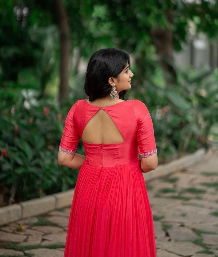 Pinkish red Anarkali suit usa/red anarkali kurta/pinkish red sleeve anarkali/ red dress anarkali/Indian dresses/Indian orange anarkali dres