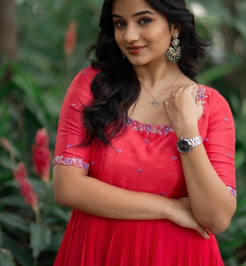 Pinkish red Anarkali suit usa/red anarkali kurta/pinkish red sleeve anarkali/ red dress anarkali/Indian dresses/Indian orange anarkali dres
