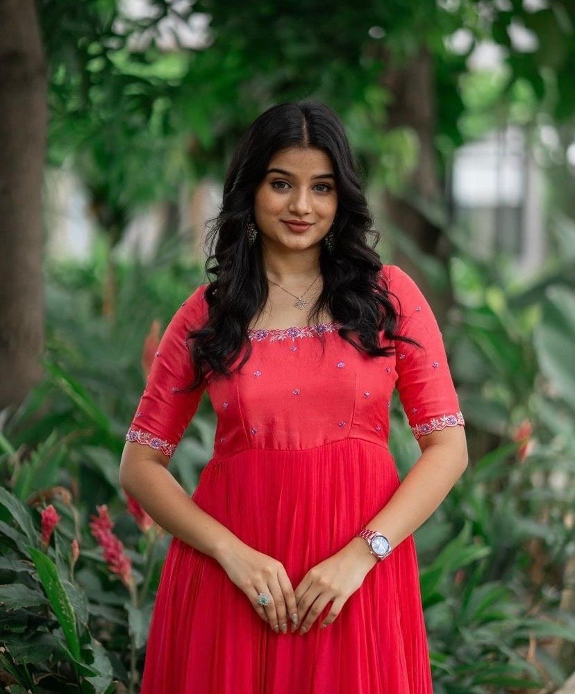 Pinkish red Anarkali suit usa/red anarkali kurta/pinkish red sleeve anarkali/ red dress anarkali/Indian dresses/Indian orange anarkali dres
