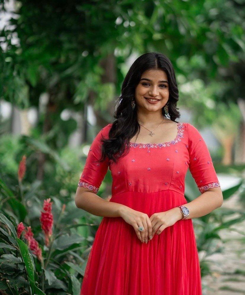 Pinkish red Anarkali suit usa/red anarkali kurta/pinkish red sleeve anarkali/ red dress anarkali/Indian dresses/Indian orange anarkali dres