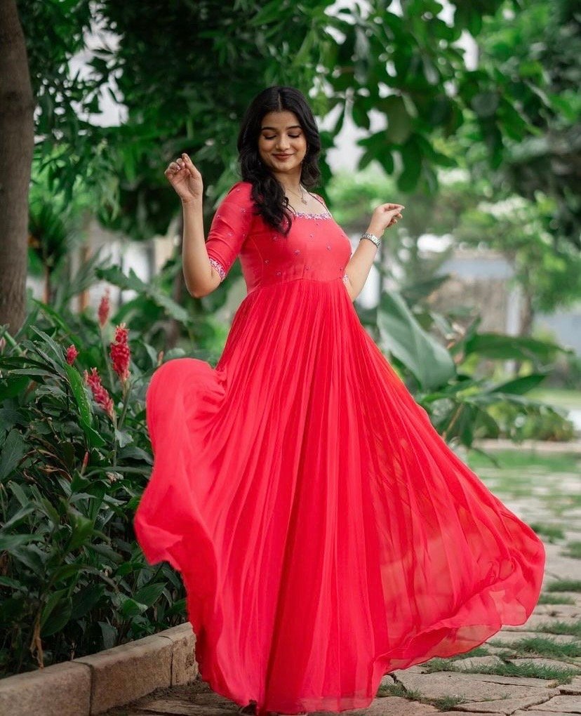 Pinkish red Anarkali suit usa/red anarkali kurta/pinkish red sleeve anarkali/ red dress anarkali/Indian dresses/Indian orange anarkali dres
