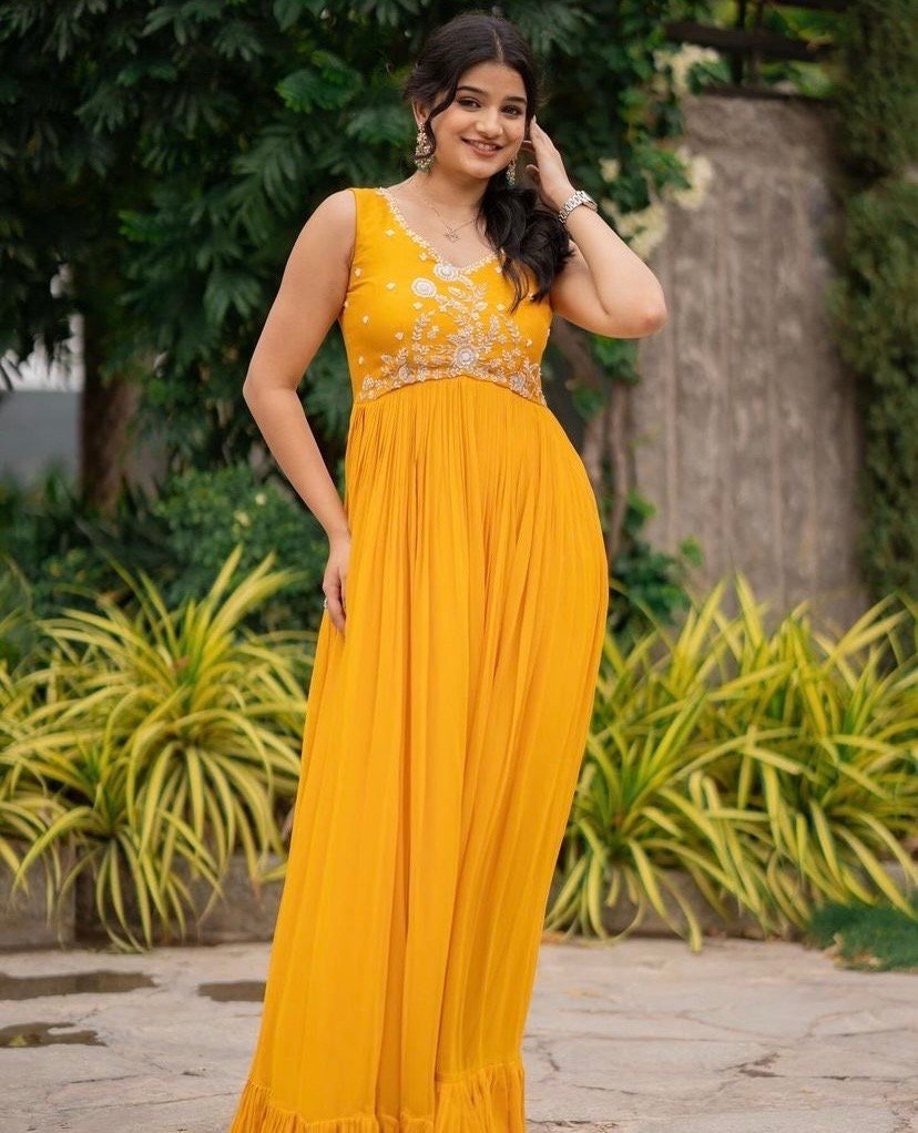 Yellow Anarkali suit usa/mustard yellow anarkali kurta/ sleeveless anarkali/yellow hand embroidered dress/Haldi outfit/yellow kurta/anarkali