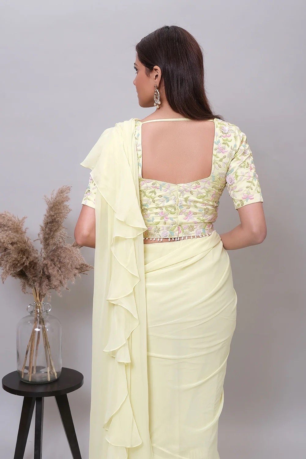 Ruffle saree with blouse/yellow ruffle saree with stitched blouse/saree belt with blouse/yellow modern ruffle saree/cocktail saree with belt