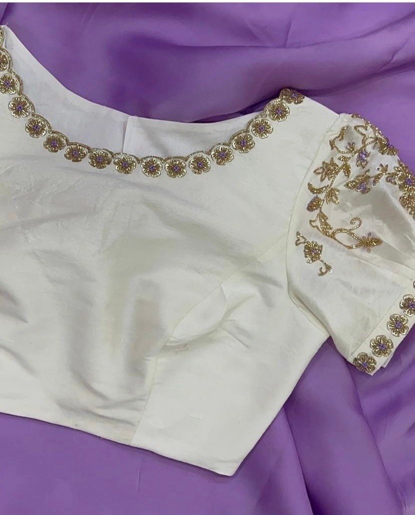 pure silk lavender sari with hand embroidery blouse/saree with maggam blouse/raw silk zardosi blouse/hand embroidered blouse organza saree