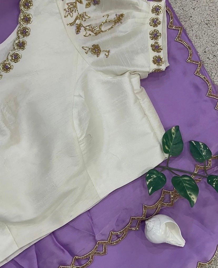 pure silk lavender sari with hand embroidery blouse/saree with maggam blouse/raw silk zardosi blouse/hand embroidered blouse organza saree