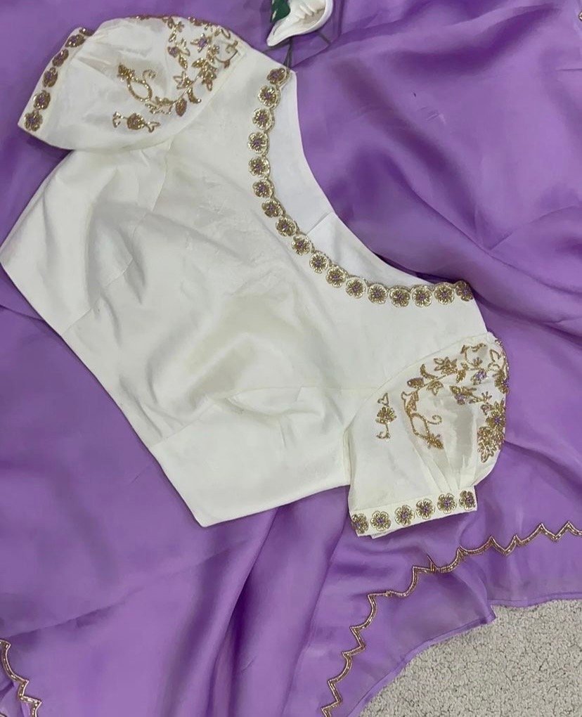 pure silk lavender sari with hand embroidery blouse/saree with maggam blouse/raw silk zardosi blouse/hand embroidered blouse organza saree