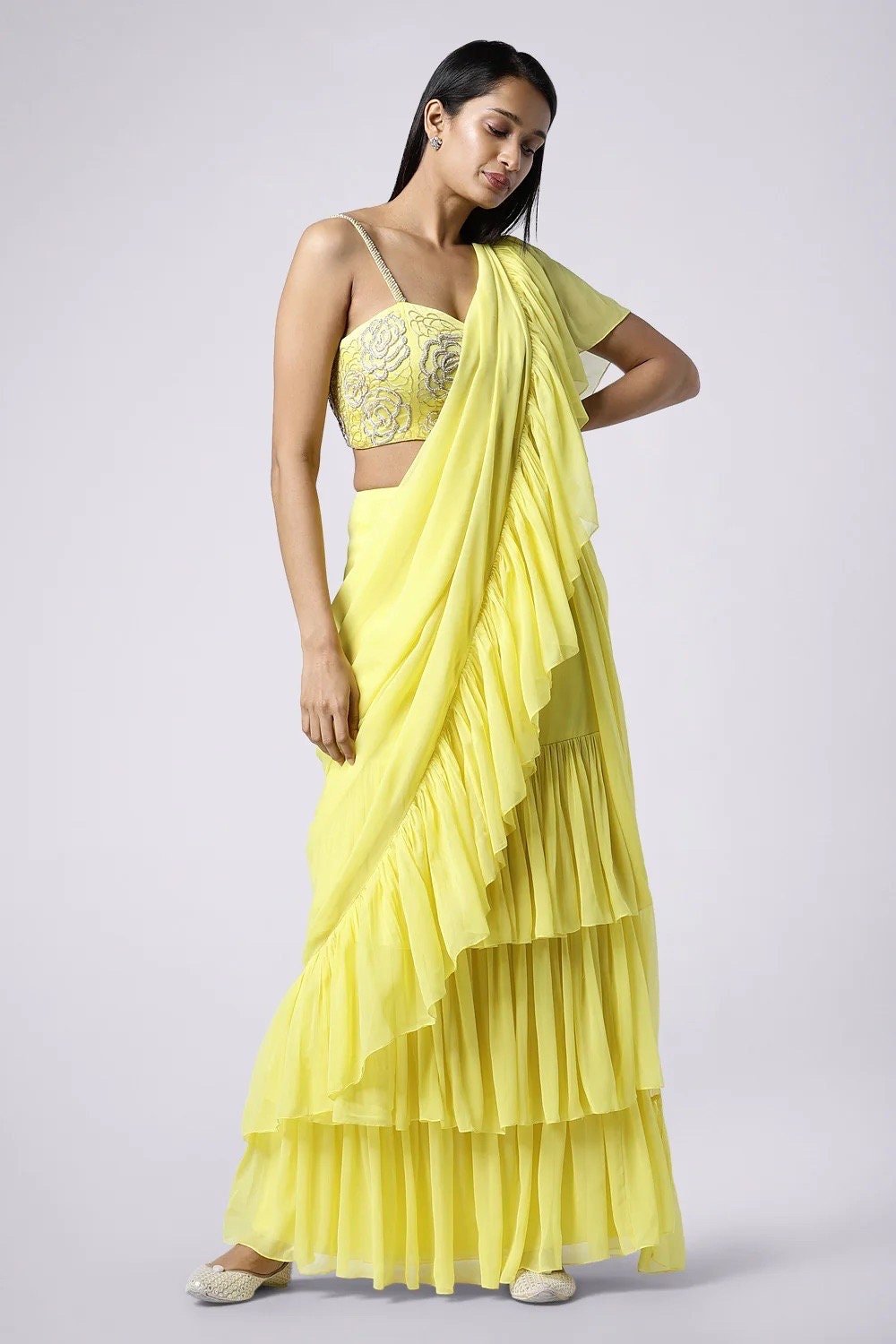 Ruffle saree with blouse/yellow ruffle saree with stitched blouse/saree belt with blouse/yellow modern ruffle saree/cocktail saree with belt