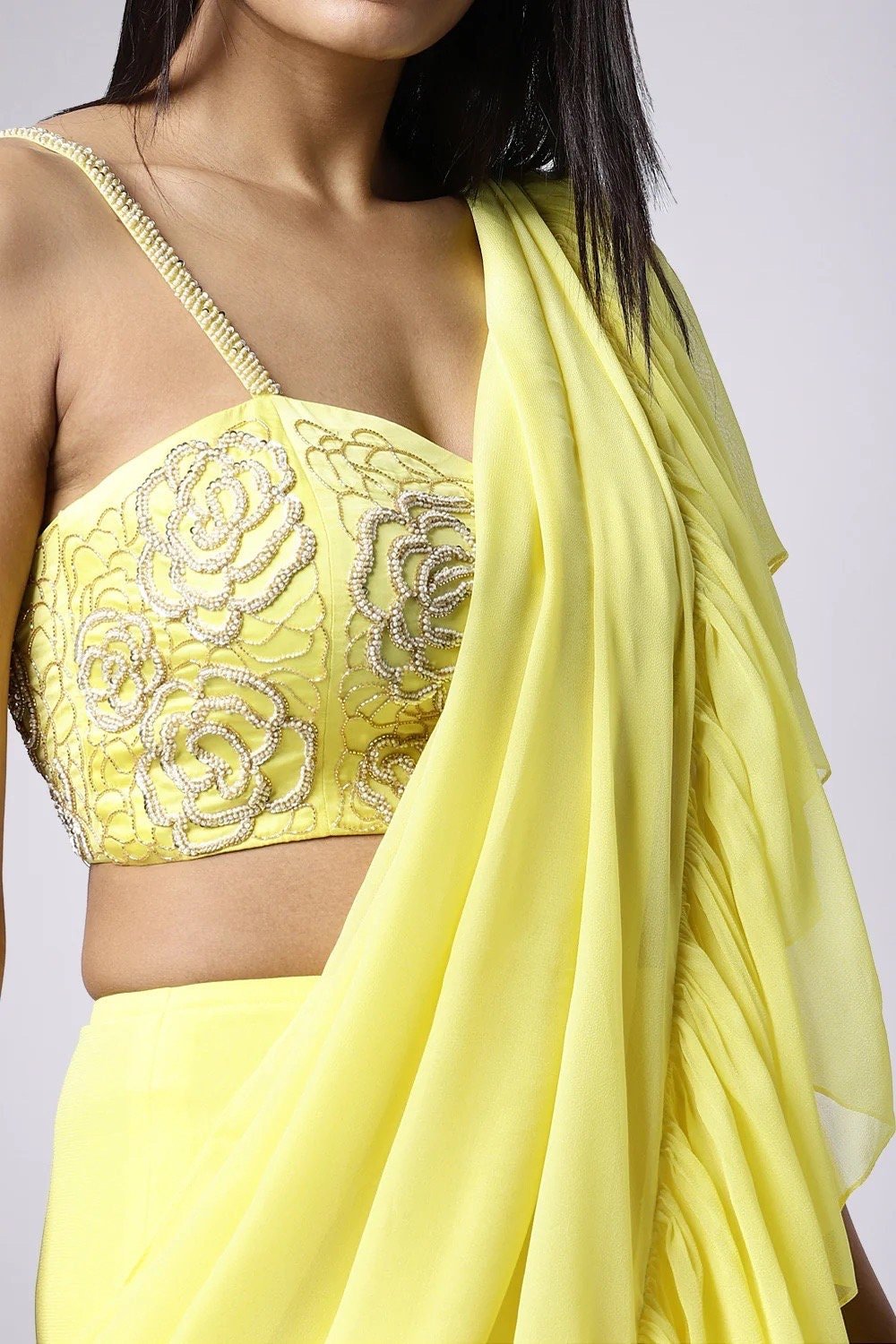 Ruffle saree with blouse/yellow ruffle saree with stitched blouse/saree belt with blouse/yellow modern ruffle saree/cocktail saree with belt