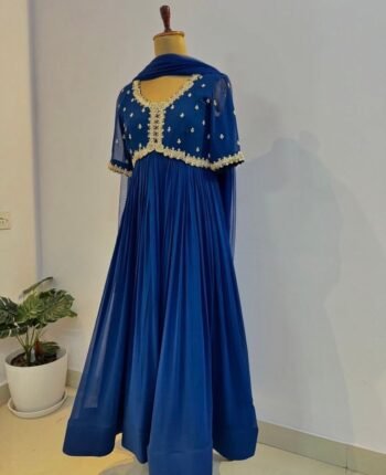 Hand Embroidered Blue Anarkali Gown: Zardosi Festive Dress
